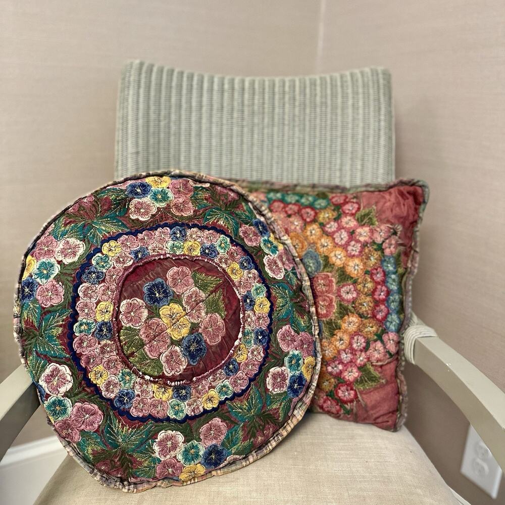 Vintage Embroidered Floral Throw Pillows Pair Round Square Boho Textile
